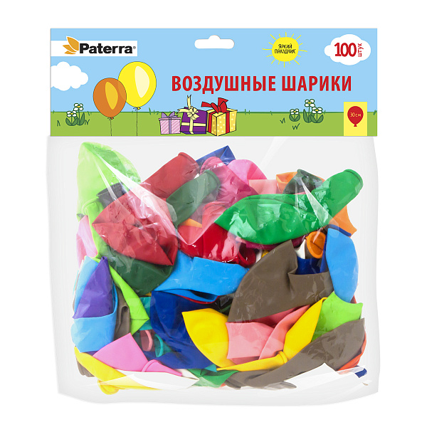 Воздушные шарики, 30 см, круглые, разноцветные, без рисунка 100шт. в пакете, PATERRA №1